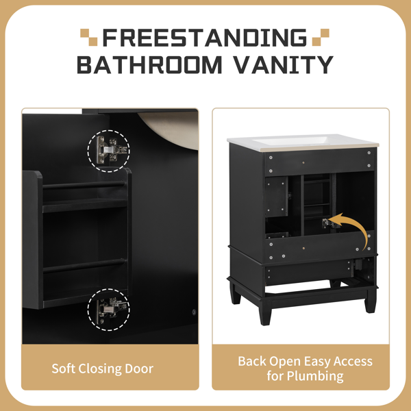 24" Bathroom Vanity with Sink and Drawers, Black Freestanding Vanity Cabinet with Ceramic Top and Storage Shelves, MDF and Solid Wood Base, Modern Sink Cabinet for Small Bathrooms-11