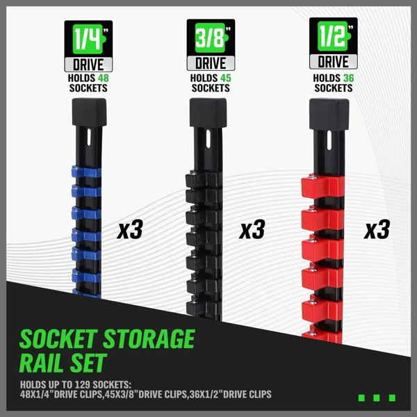 9PCS插座导轨储物架收纳托盘套装1/2“3/8”1/4“壁挂式ABS-6