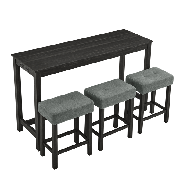 59 Inch Bar Table, Dining Table, Sofa Table with Power Outlet, 3 Upholstered Stools, 4 Piece Bar Table and Chair Set for Living Room, Dining Room, Kitchen-14