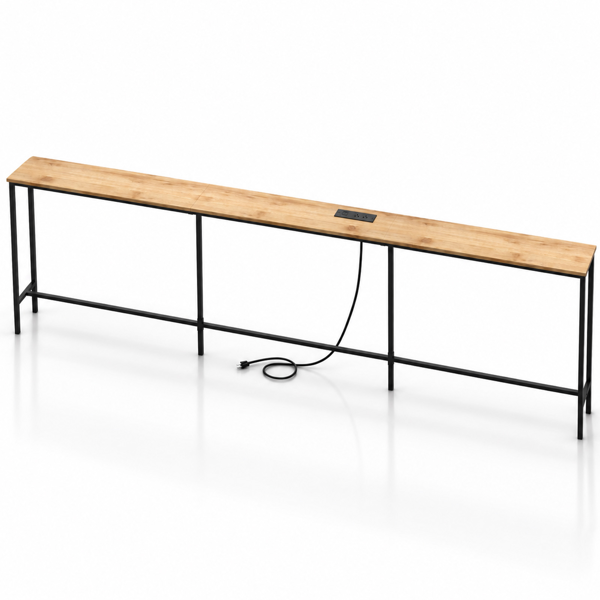 橡木色 240cm长 密度板贴三胺+铁 240*20*79cm 玄关桌 带排插（美标）-7