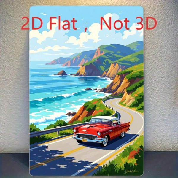 CIFbuy 复古红色经典老爷车2D印刷铁皮装饰画，海岸公路海景，20x30厘米（TikTok, temu 自提物流）-2