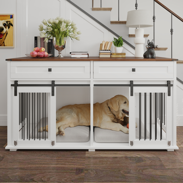 63'' Large Dog Crate Furniture for Double Dog, Wooden Dog Kennel with 2 Drawers,Divider and Sliding Door, Water Resistant Indoor Pets Furniture Style Double Dog Crates-3
