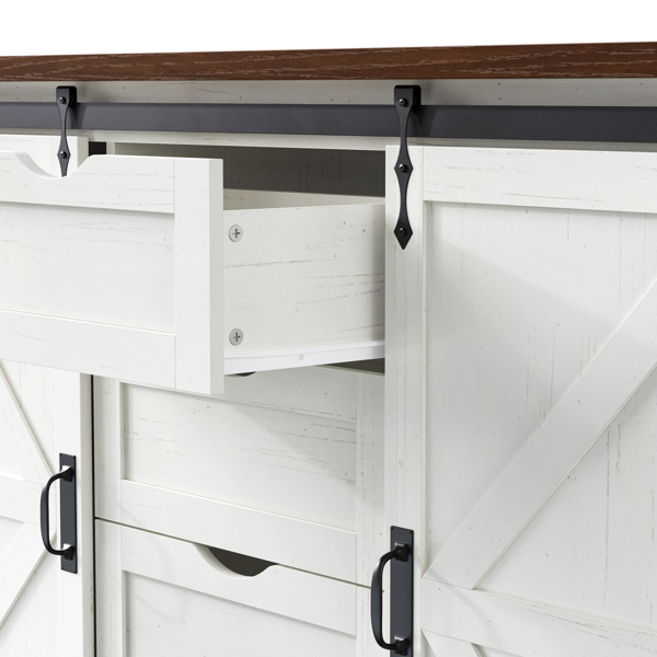K&K 72" Farmhouse Kitchen Island with Fridge Storage Space & Power Outlet, Rolling Coffee Bar Cabinet on Wheels with 4 Drawers, Sliding Barn Door, Glass Holder, Drop Leaf, Island Kitchen Table, White-8