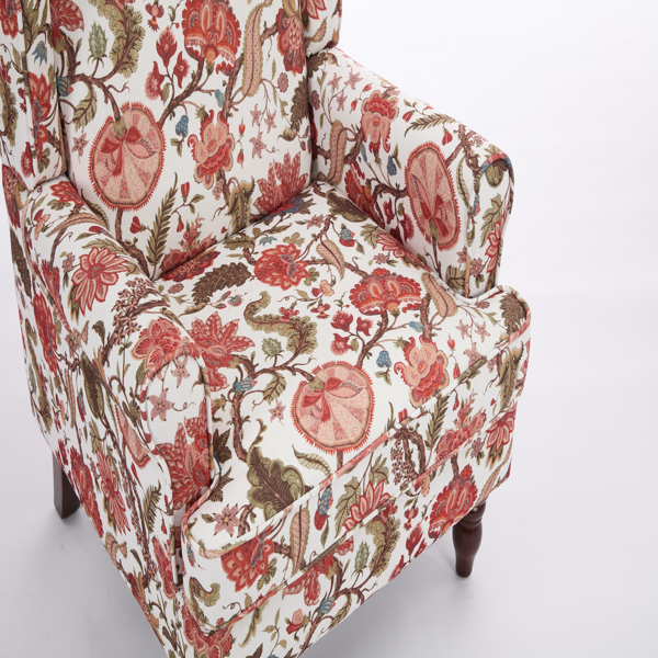 Modern Accent Chair with Retro Wood Legs, Comfy Upholstered Armchair, Floral Design Single Sofa Chair for Living Room Bedroom Office - Floral Red-15