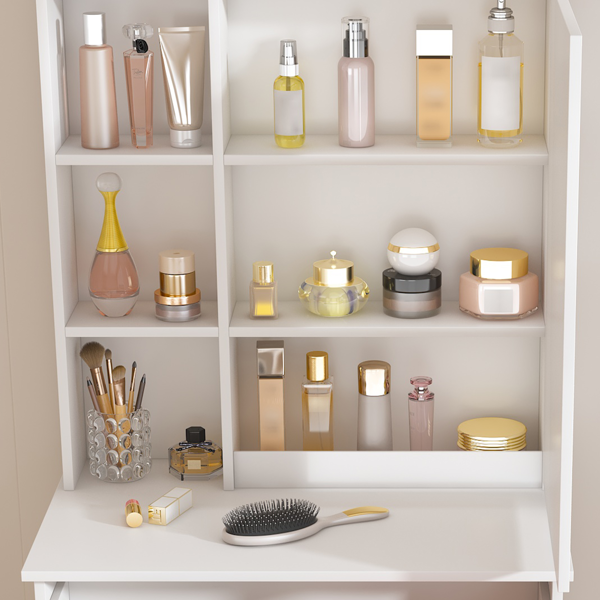 Modern Mini Dressing Table with LED-lit Mirror & Hidden Storage,Includes Padded Stool,Adjustable Brightness Vanity Desk,Multi-tier Dust-proof Shelves,White-7