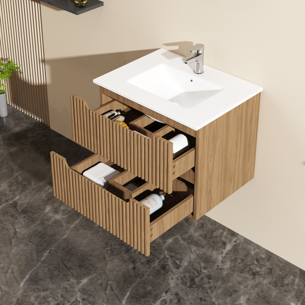Goodyo 24" Wall-Mount Bathroom Vanity Cabinet with White Basin Sink Combo Floating, Walnut-7