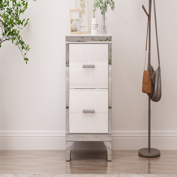 Elegant High Gloss Nightstand with Metal Handle,Mirrored Bedside Table with 2 Drawers for Bedroom,Living Room,White-13