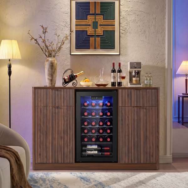 K&K 59" Coffee Bar Cabinet with Fridge Space & Tilt-Out Trash Cabinet, Mini Fridge Wine Cabinet with Storage/Charging Station, Fluted Buffet Sideboard with Glass Holder for Dining Room, Walnut Brown-24