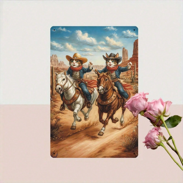 CIFbuy 复古西部牛仔猫金属壁饰 8x12，2D印刷铁质招牌（TikTok, temu 自提物流）-5