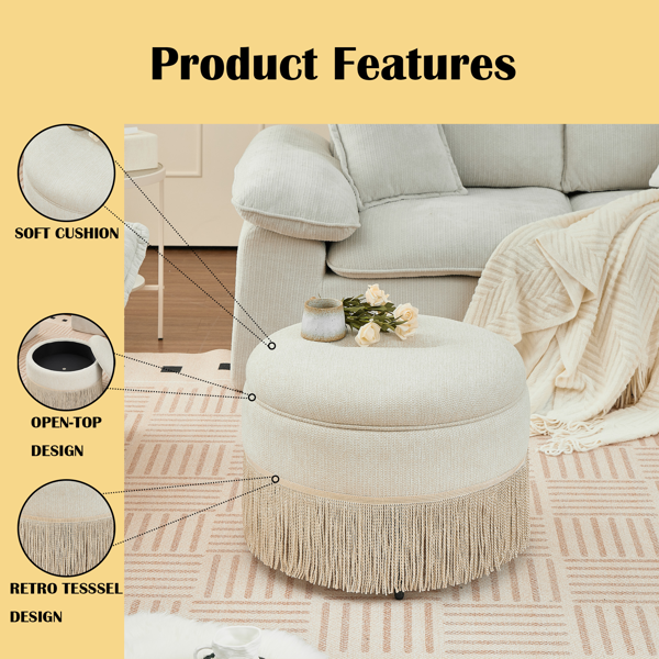 Round Storage Ottoman Bench(Beige), 23.23 Inch Upholstered Footstool with Tassel Fringe, 250 lbs Capacity Circular Storage Foot Rest Stool, Fabric Ottoman for Living Room Bedroom Entryway-3