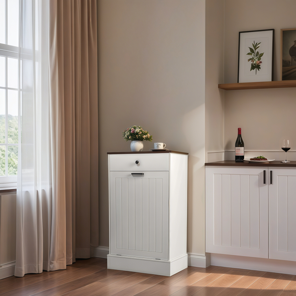 Tilt Out Trash Can Cabinet, Hidden Wooden Trash Can Cabinet with Drawer, Free Standing Garbage Cabinet for Kitchen, 10 Gallon Farmhouse Laundry Hamper Cabinet for Kitchen, Living Room (White)-14
