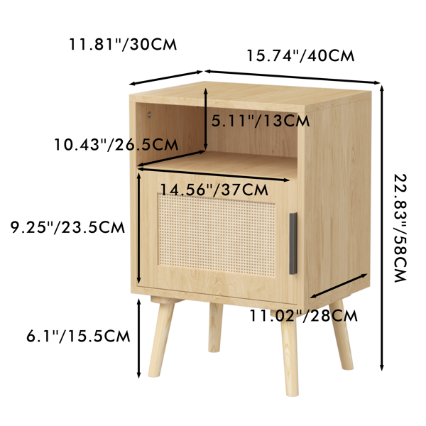 22.83'' H Rattan Nightstand, Side Table with Door Open Shelf,  Accent Bedside End Table with Solid Wood Legs for Bedroom, Dorm and Small Spaces, Oak-15