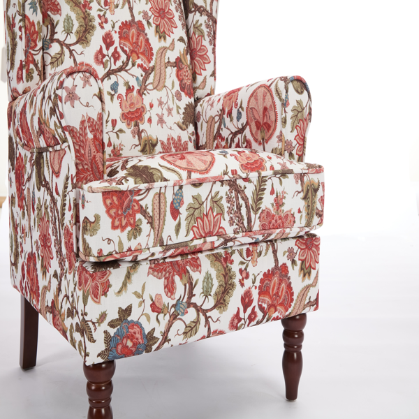 Modern Accent Chair with Retro Wood Legs, Comfy Upholstered Armchair, Floral Design Single Sofa Chair for Living Room Bedroom Office - Floral Red-13