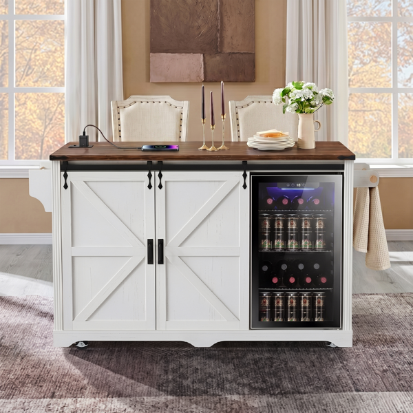 K&K 72" Farmhouse Kitchen Island with Fridge Storage Space & Power Outlet, Rolling Coffee Bar Cabinet on Wheels with 4 Drawers, Sliding Barn Door, Glass Holder, Drop Leaf, Island Kitchen Table, White-20