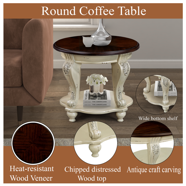 22'' Two Tone Round End Table,Solid Wood Sofa Side Table with Shelf,Living Room Corner Table Easy Assemble,Beige and Espresso Top-5