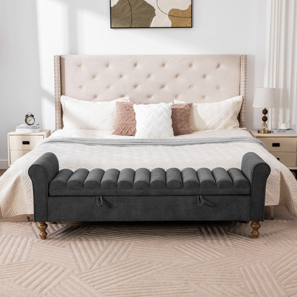 65.55" Wide Modern Upholstered  Storage Bench , Napped fabric Bed End Foot Stool With Rolled Armrest, Bench Daybed With Rubberwood Legs For Living Room, Entryway, Dormitory, Bedroom,Charcoal-2