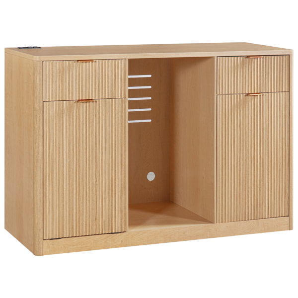 K&K 59" Coffee Bar Cabinet with Fridge Space & Tilt-Out Trash Cabinet, Mini Fridge Wine Cabinet with Storage/Charging Station, Fluted Buffet Sideboard with Glass Holder for Dining Room, Natural Oak-42