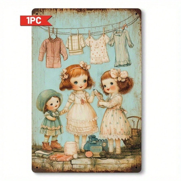 CIFbuy 复古洗衣女孩墙饰 2D 平面，8x12 怀旧铁皮招牌 洗衣房（TikTok, temu 自提物流）-6