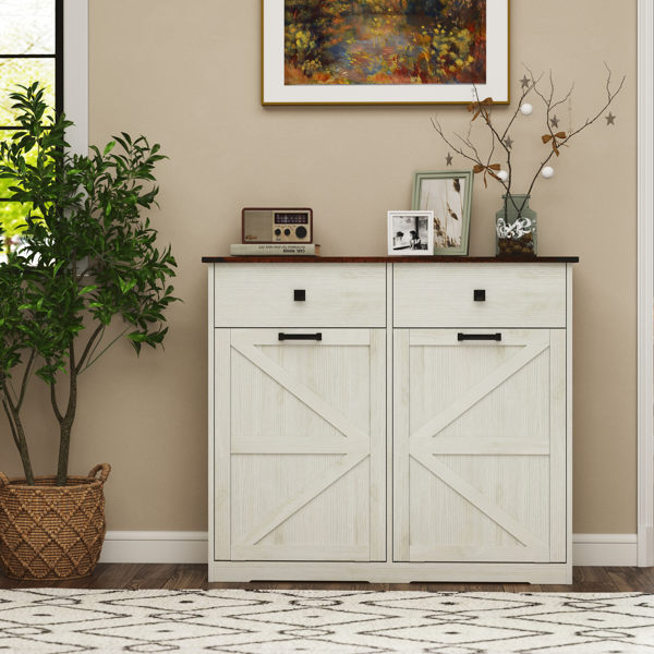 Farmhouse Double Tilt Out Trash Cabinet for 20 Gallon Trash Cans, Free Standing Recycling Cabinet with Hideaway Drawer, Barn Door Style Laundry Sorter Cabinet, Tilt Out Trash Cabinet for Kitchen-13