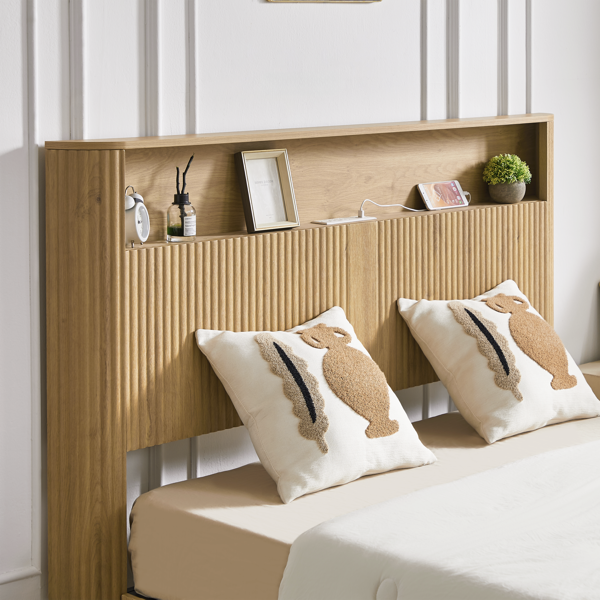 Full Extra Long(Full XL) Size bed frame with storage headboard, built-in charging station, wavy curved lines design, silent operation, metal support, Natural-8