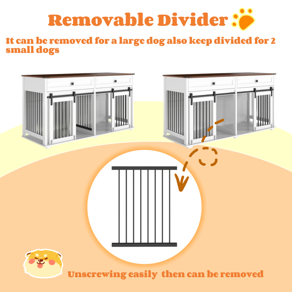63'' Large Dog Crate Furniture for Double Dog, Wooden Dog Kennel with 2 Drawers,Divider and Sliding Door, Water Resistant Indoor Pets Furniture Style Double Dog Crates-6
