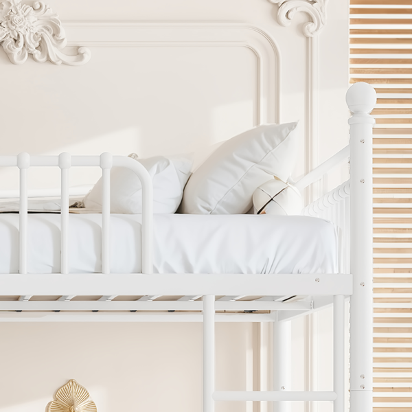 Queen over Queen Metal Bunk Bed with Unique Curved Guardrail Design, Round Tube bunk bed Frame, No Box Spring Required, Metal Bunk Bed Frame for Kids Teens,adults, White-7