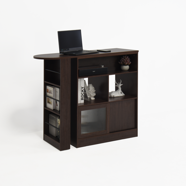 Modern Bar Cabinet with Rotating top, Counter Height Dining Cabinet with 6 Storage space and 2 Ribbed Glass Door for Kitchen, The Rotating Top with 3 Storage Shelves Dining Room, Living Room, Walnut-22