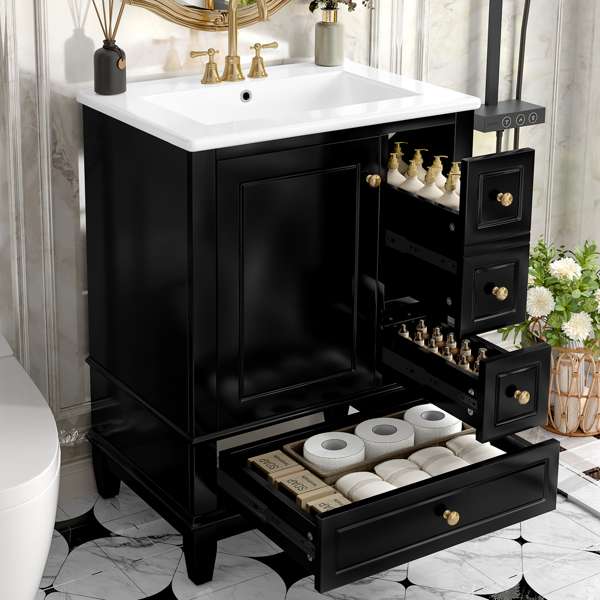 24" Bathroom Vanity with Sink and Drawers, Black Freestanding Vanity Cabinet with Ceramic Top and Storage Shelves, MDF and Solid Wood Base, Modern Sink Cabinet for Small Bathrooms-8