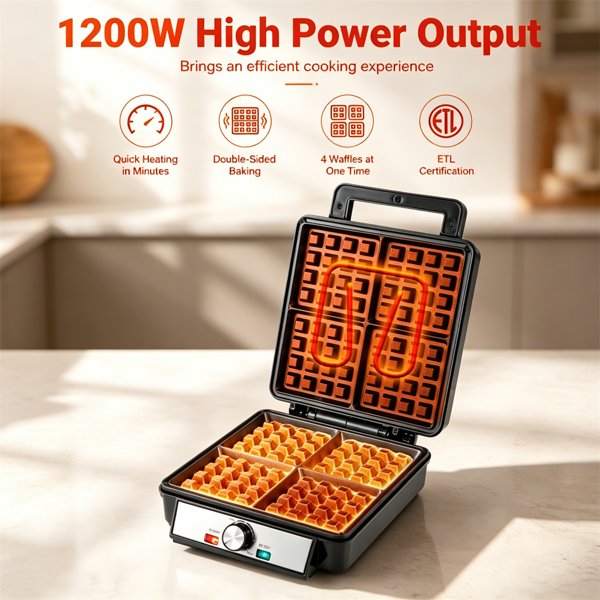1200W 4片比利时华夫饼制作机，双面加热华夫饼熨斗，320-410℉ 家用厨房早餐用可调温度、不粘板冷触手柄华夫饼机-7