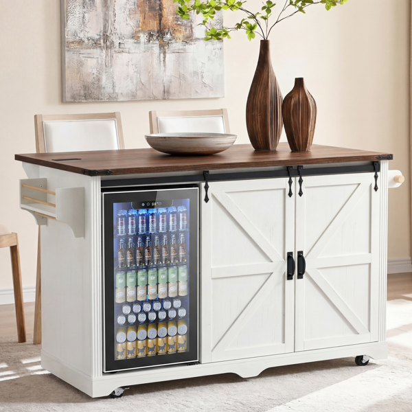 K&K 72" Farmhouse Kitchen Island with Fridge Storage Space & Power Outlet, Rolling Coffee Bar Cabinet on Wheels with 4 Drawers, Sliding Barn Door, Glass Holder, Drop Leaf, Island Kitchen Table, White-19
