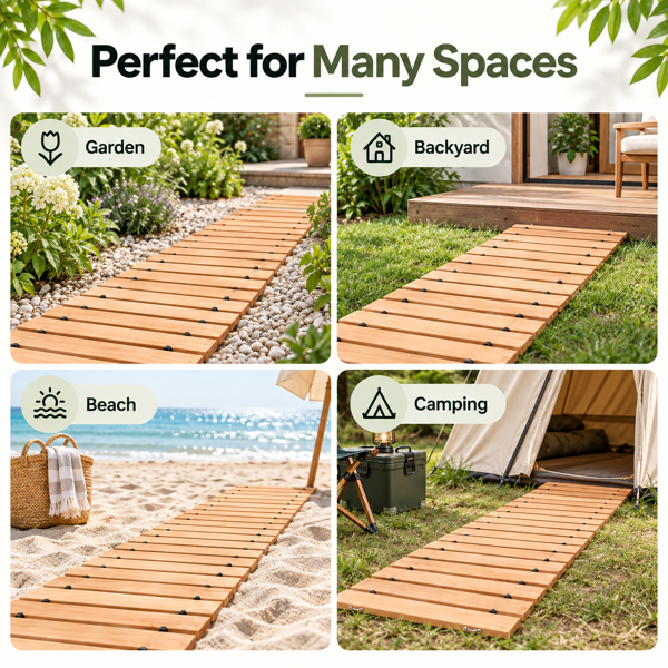 366 x 43 cmRoll-Out Wooden Walkway Mat, 1.5 cm Thick Portable Garden Pathway, Outdoor Wooden Boardwalk Path for Yard, Lawn, Beach, Patio and Camping-6