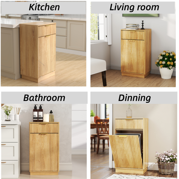 10-Gallon Woodgrain Tilt-Out Trash Can Cabinet with Wave-Textured Drawer & Pull-Out Bin - Multipurpose Kitchen/Bath Organizer in Oak Finish-10