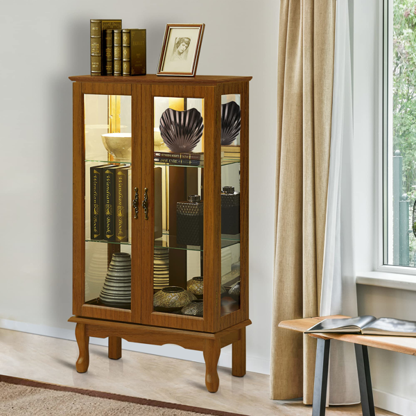 Curio Cabinet Lighted Curio Diapaly Cabinet with Adjustable Shelves and Mirrored Back Panel, Tempered Glass Doors (Oak, 3 Tier), (E26 light bulb not included)-4