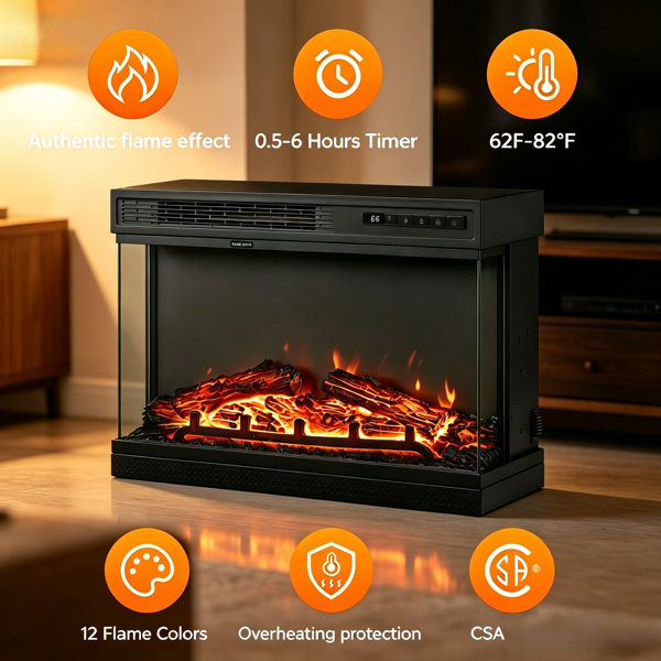 美规 EF-25 120V 1500W 24寸 壁炉芯 黑色 铁 嵌入式/三面玻璃/可调温/定时/带显示/5档火焰明亮度/配假柴/带遥控器 多彩/12色火焰-6