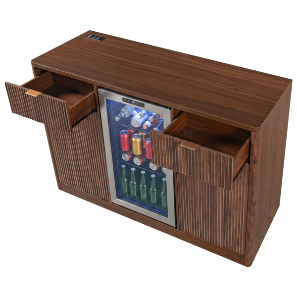 K&K 59" Coffee Bar Cabinet with Fridge Space & Tilt-Out Trash Cabinet, Mini Fridge Wine Cabinet with Storage/Charging Station, Fluted Buffet Sideboard with Glass Holder for Dining Room, Walnut Brown-35