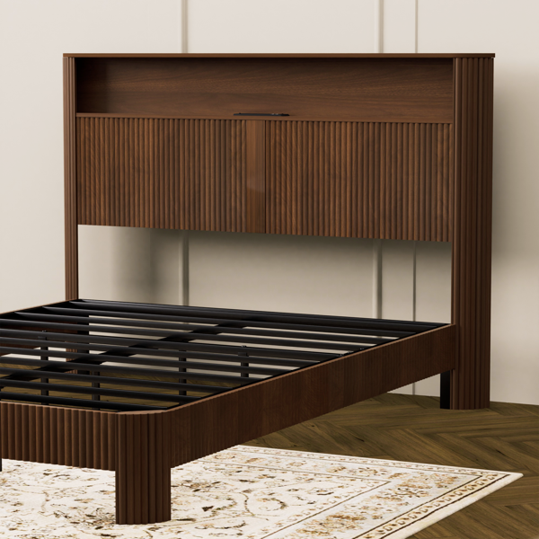 Queen Size bed frame with storage headboard, built-in charging station, wavy curved lines design, silent operation, metal support, Walnut-11