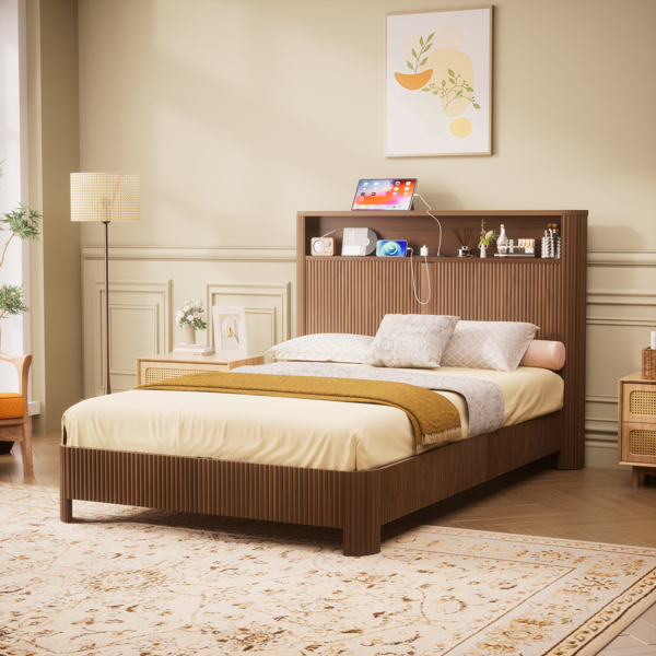 Full Extra Long(Full XL) Size bed frame with storage headboard, built-in charging station, wavy curved lines design, silent operation, metal support, Walnut-2