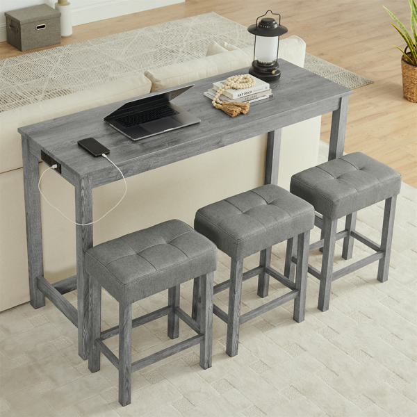 59 Inch Bar Table, Dining Table, Sofa Table with Power Outlet, 3 Upholstered Stools, 4 Piece Bar Table and Chair Set for Living Room, Dining Room, Kitchen-2