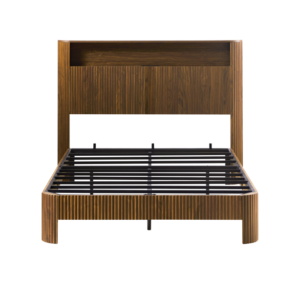 Full Extra Long(Full XL) Size bed frame with storage headboard, built-in charging station, wavy curved lines design, silent operation, metal support, Walnut-7
