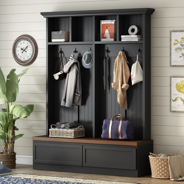 Farmhouse 4-in-1 Hall Tree with Wood Grain Bench, Mudroom Versatile Coat Rack with 2 Large Drawer, Entrance Organizer for Hallway, Living Room, Black, 55.9"W (OLD SKU: N721P313099B)-2