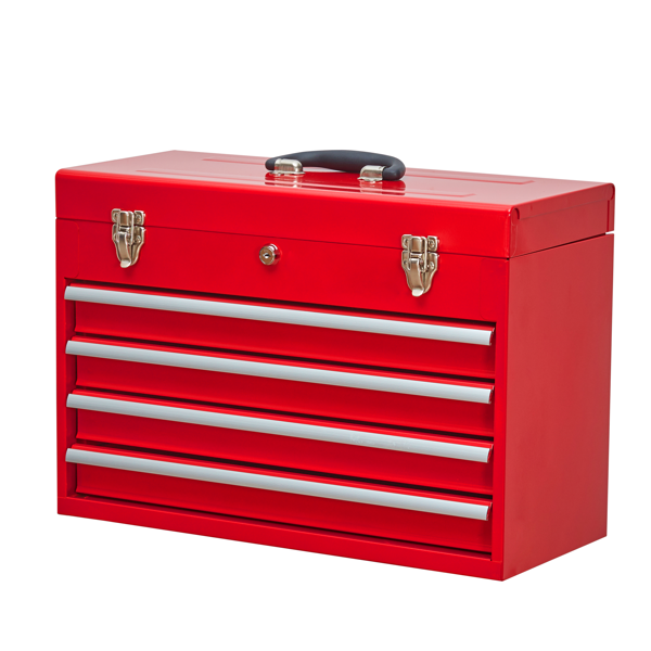 Metal Tool Box with 4 Drawers Portable Steel Tool Chest with Metal Cylinder Lock and Latch Closure, Liner, Red Powder coating, suitable for Garage, Warehouse and Outdoor Repair job-Red-1