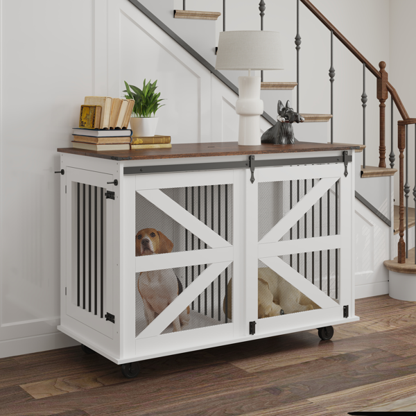 47.2" Mobile Dog Crate with Flip-Top Feeding Door, Dual-Access & 5 Caster System (2 Locking), Side Hooks - Multi-Functional Pet Kennel,double dog crate furniture-2