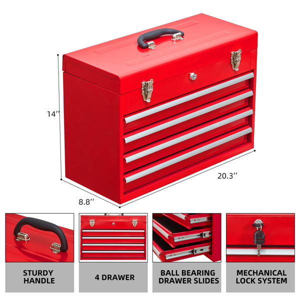 Metal Tool Box with 4 Drawers Portable Steel Tool Chest with Metal Cylinder Lock and Latch Closure, Liner, Red Powder coating, suitable for Garage, Warehouse and Outdoor Repair job-Red-6