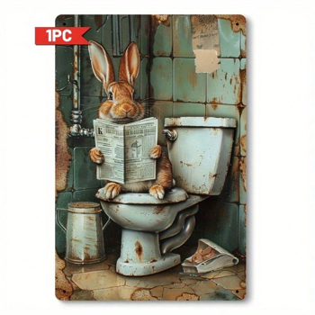 CIFbuy 复古兔子报纸金属装饰牌 8x12，马桶上的搞笑小兔铁艺墙饰（TikTok, temu 自提物流）