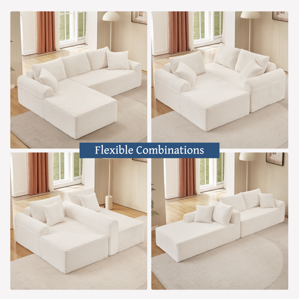 Full-Compression Chaise Lounge Set – Modular Corduroy Sectional with Arched Armrests, Non-Slip Base, Includes 3 Back Cushions & 2 Throw Pillows,Right chaise longue sofa-3