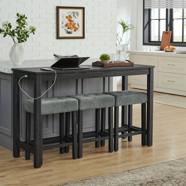 59 Inch Bar Table, Dining Table, Sofa Table with Power Outlet, 3 Upholstered Stools, 4 Piece Bar Table and Chair Set for Living Room, Dining Room, Kitchen-7