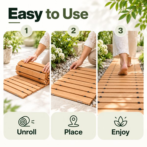 366 x 43 cmRoll-Out Wooden Walkway Mat, 1.5 cm Thick Portable Garden Pathway, Outdoor Wooden Boardwalk Path for Yard, Lawn, Beach, Patio and Camping-5