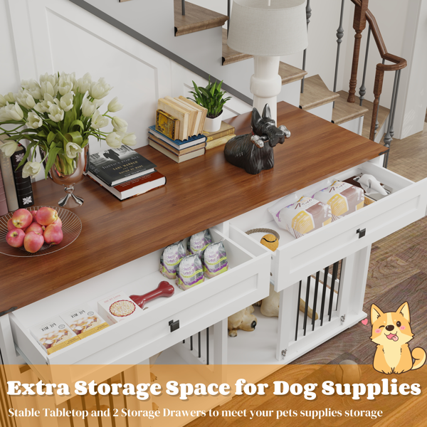 63'' Large Dog Crate Furniture for Double Dog, Wooden Dog Kennel with 2 Drawers,Divider and Sliding Door, Water Resistant Indoor Pets Furniture Style Double Dog Crates-5