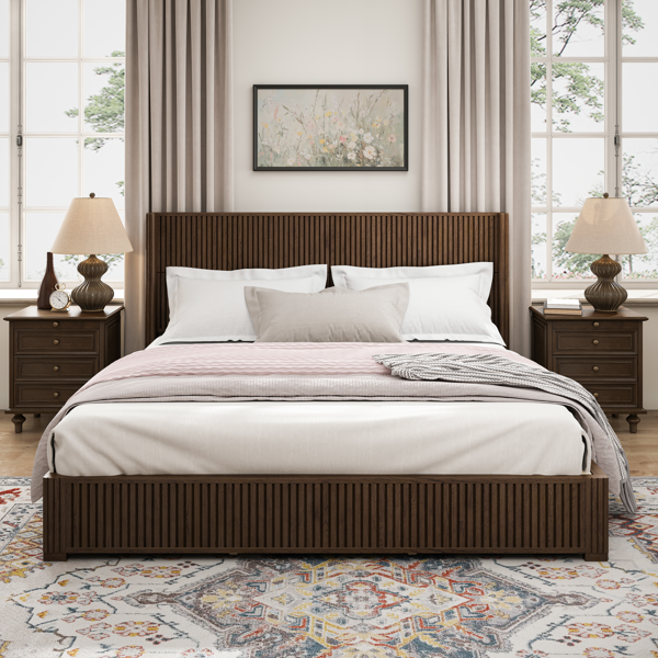 Solid Wood Platform Bed Frame with Headboard, No Box Spring Needed, Floor-standing bed, Easy Assembly, King Size, Walnut-1