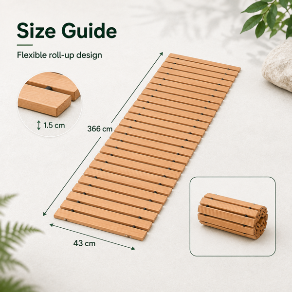 366 x 43 cmRoll-Out Wooden Walkway Mat, 1.5 cm Thick Portable Garden Pathway, Outdoor Wooden Boardwalk Path for Yard, Lawn, Beach, Patio and Camping-4